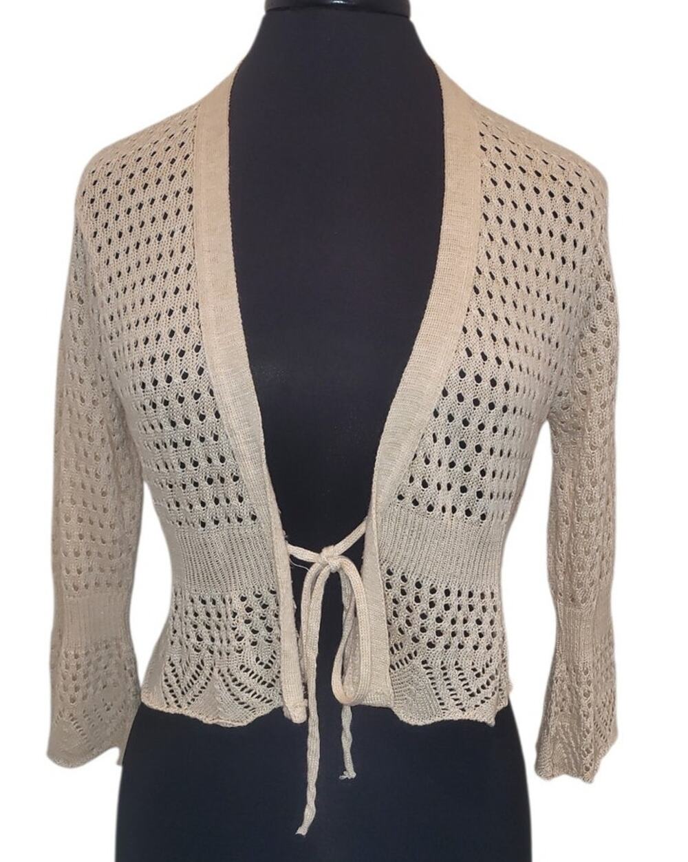 VTG 90s Relaxed Crochet Cardigan L USA Made Boho Tie Front Campus School Chic
